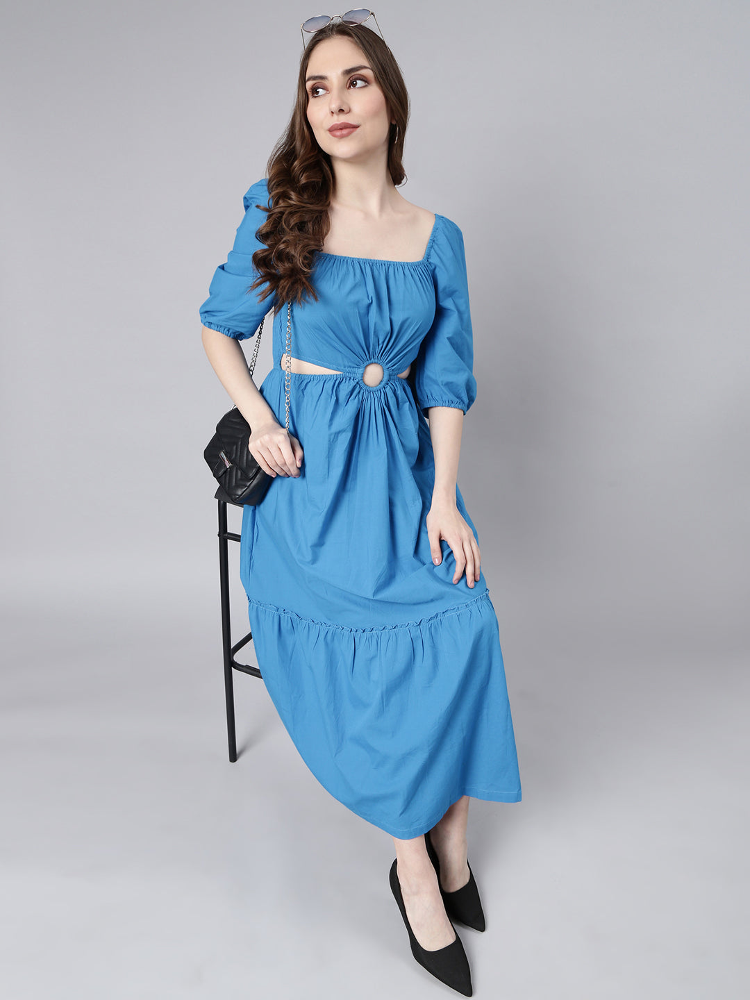 Women Blue Solid Fit and Flare Dress