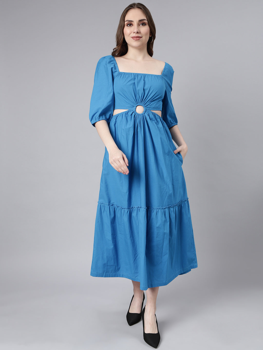 Women Blue Solid Fit and Flare Dress