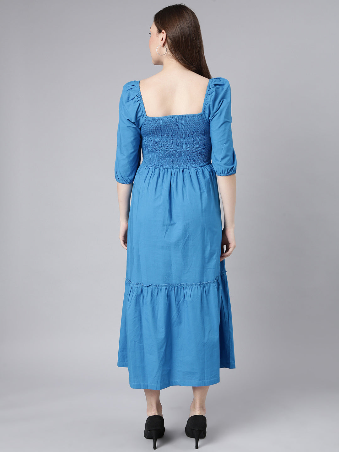 Women Blue Solid Fit and Flare Dress