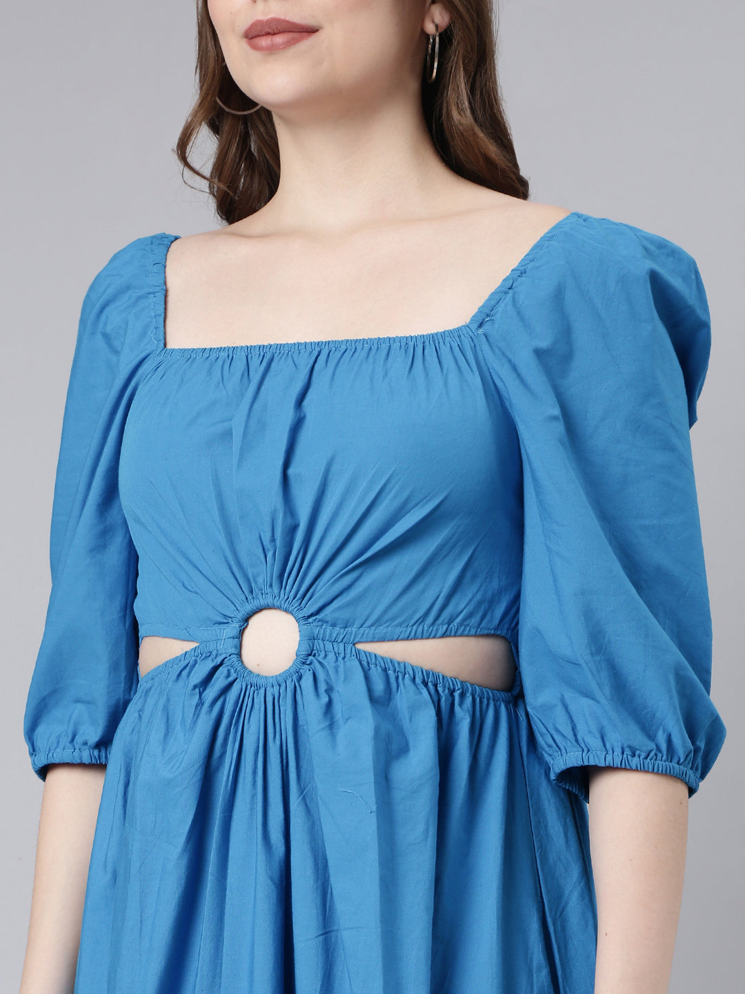 Women Blue Solid Fit and Flare Dress