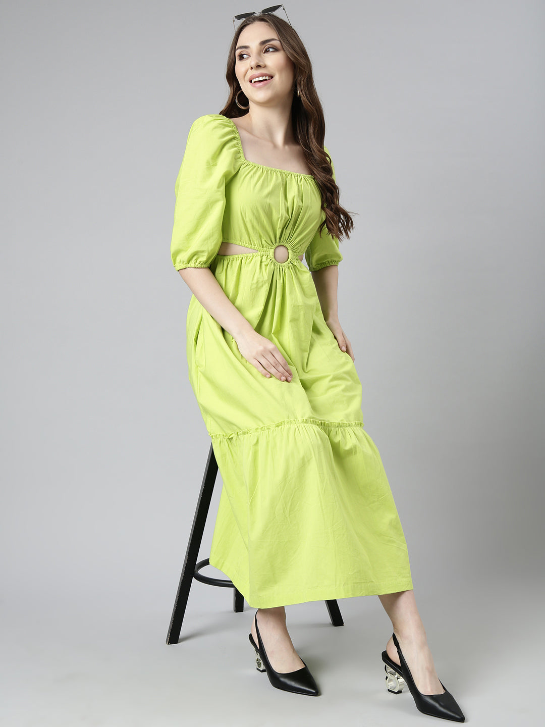 Women Green Solid Fit and Flare Dress