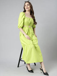 Women's Green Cotton Square Neck Puff Sleeve Fit & Flare Dress