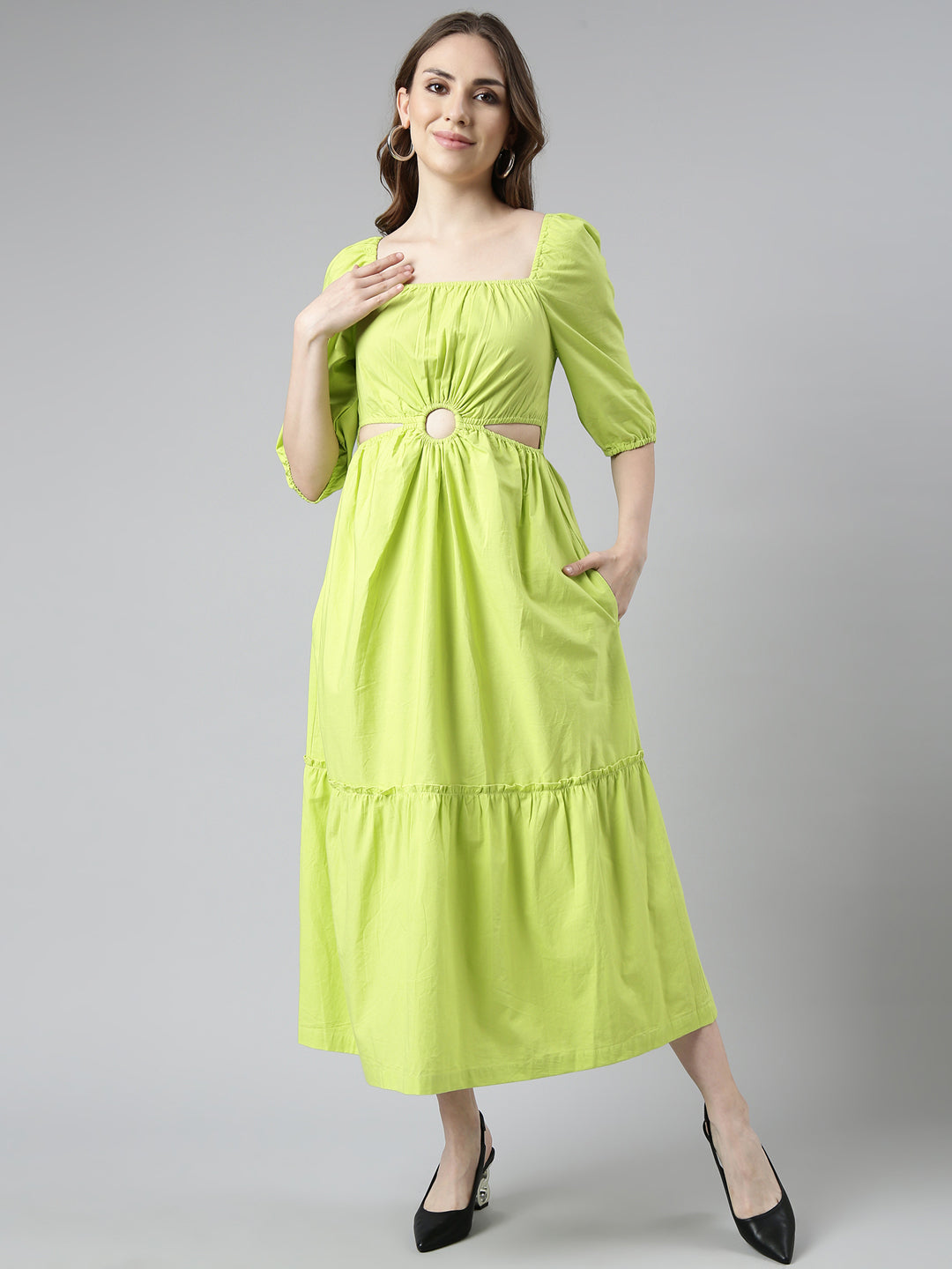 Women Green Solid Fit and Flare Dress