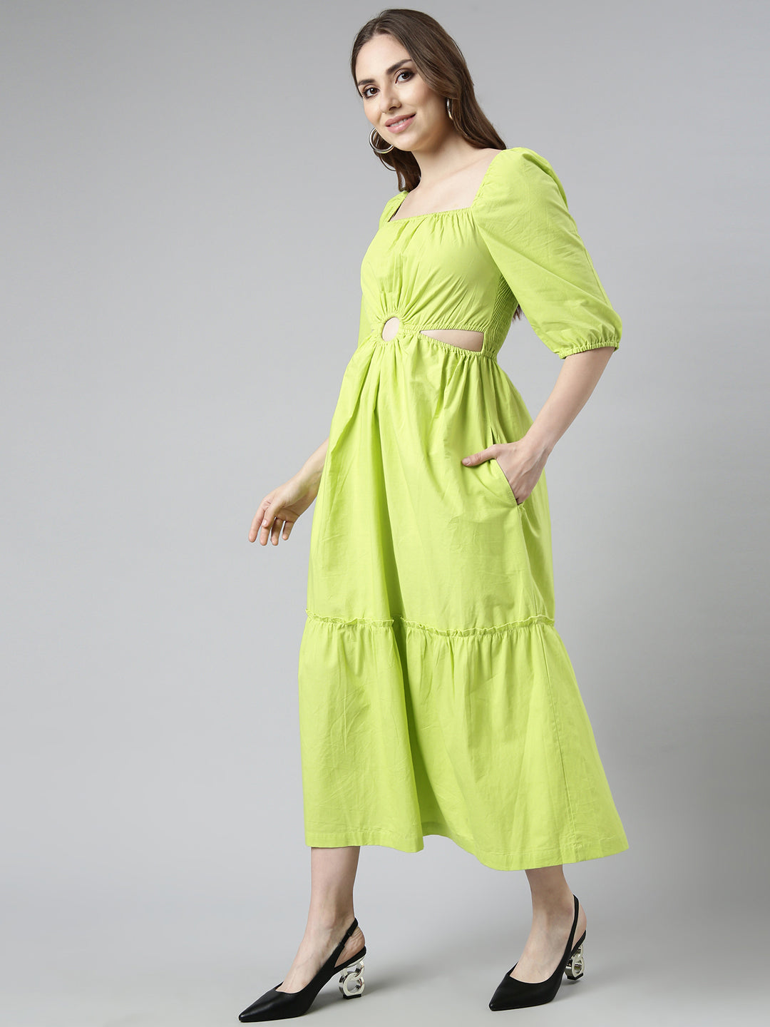 Women Green Solid Fit and Flare Dress