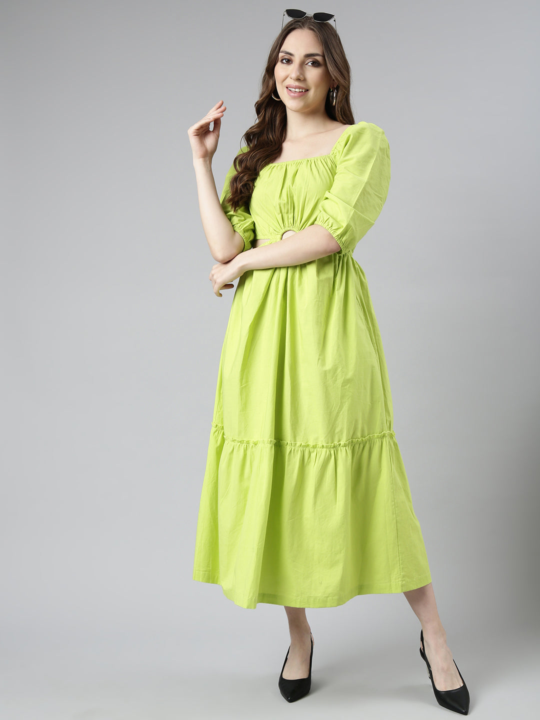 Women Green Solid Fit and Flare Dress