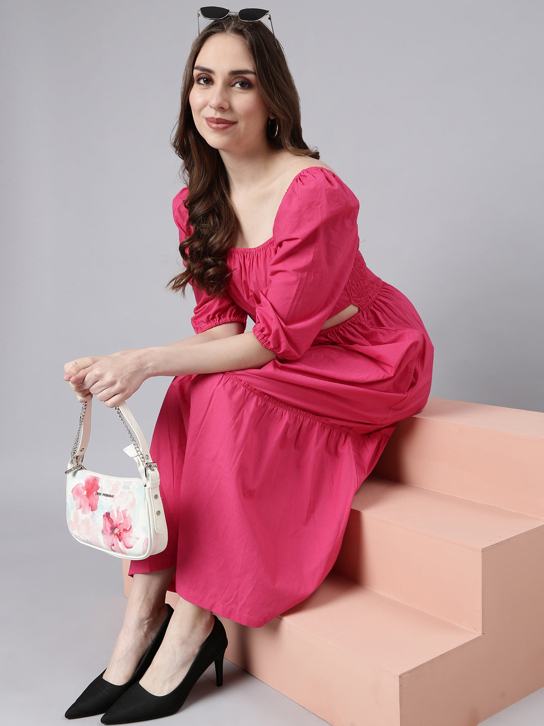 Women Pink Solid Fit and Flare Dress