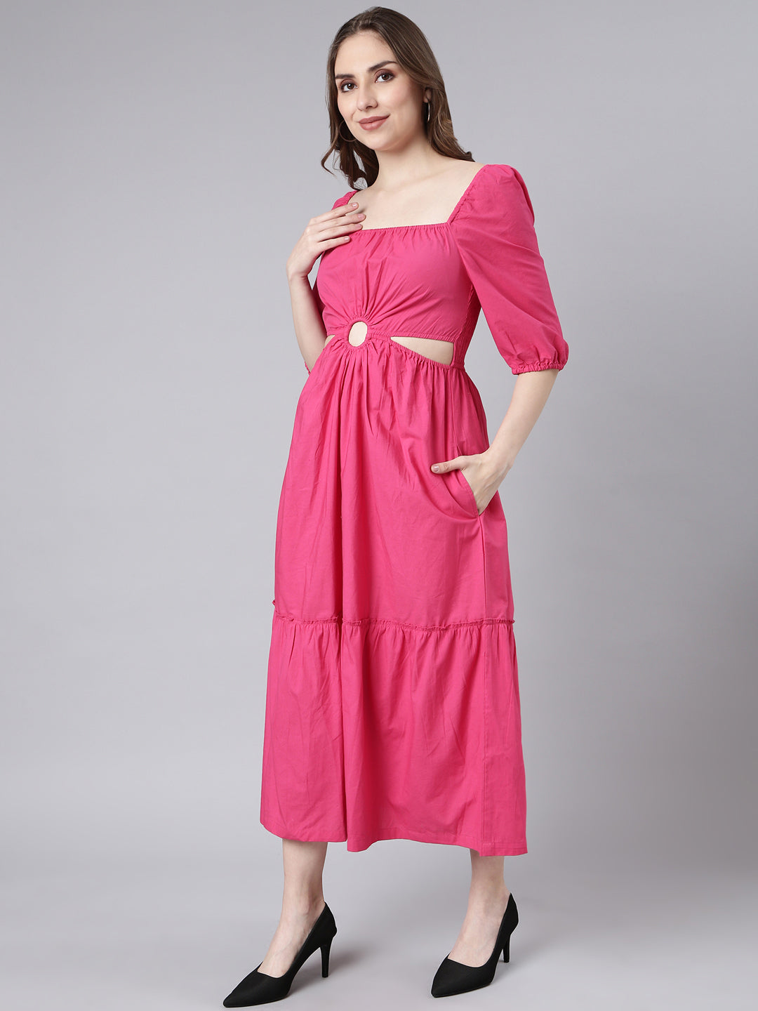 Women Pink Solid Fit and Flare Dress