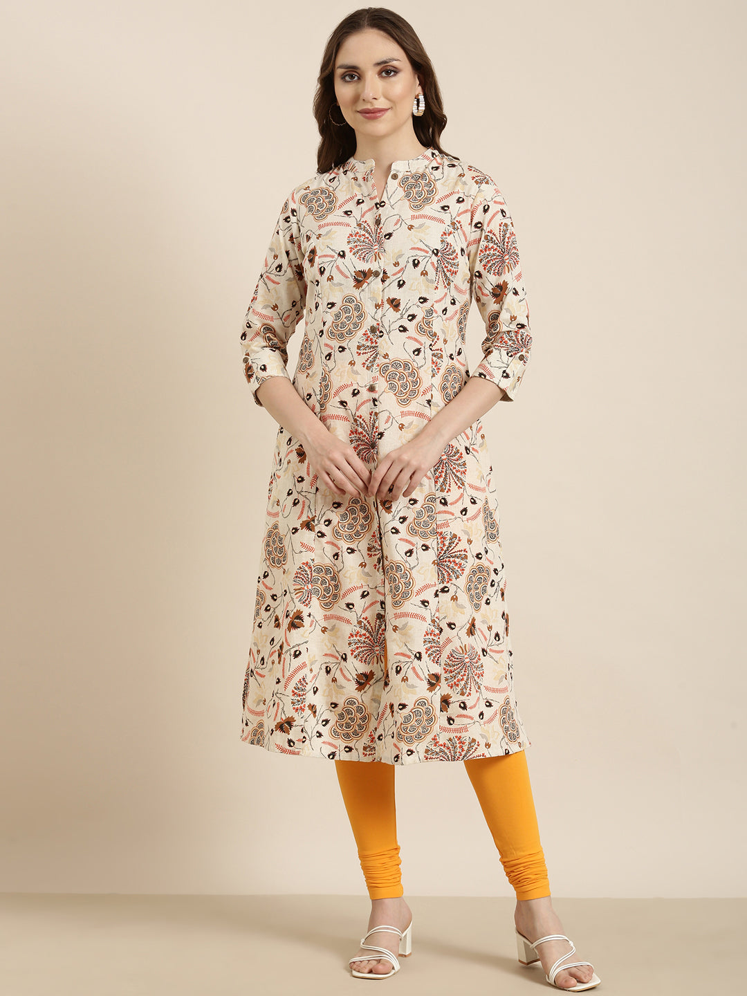 Women A-Line Cream Floral Kurta