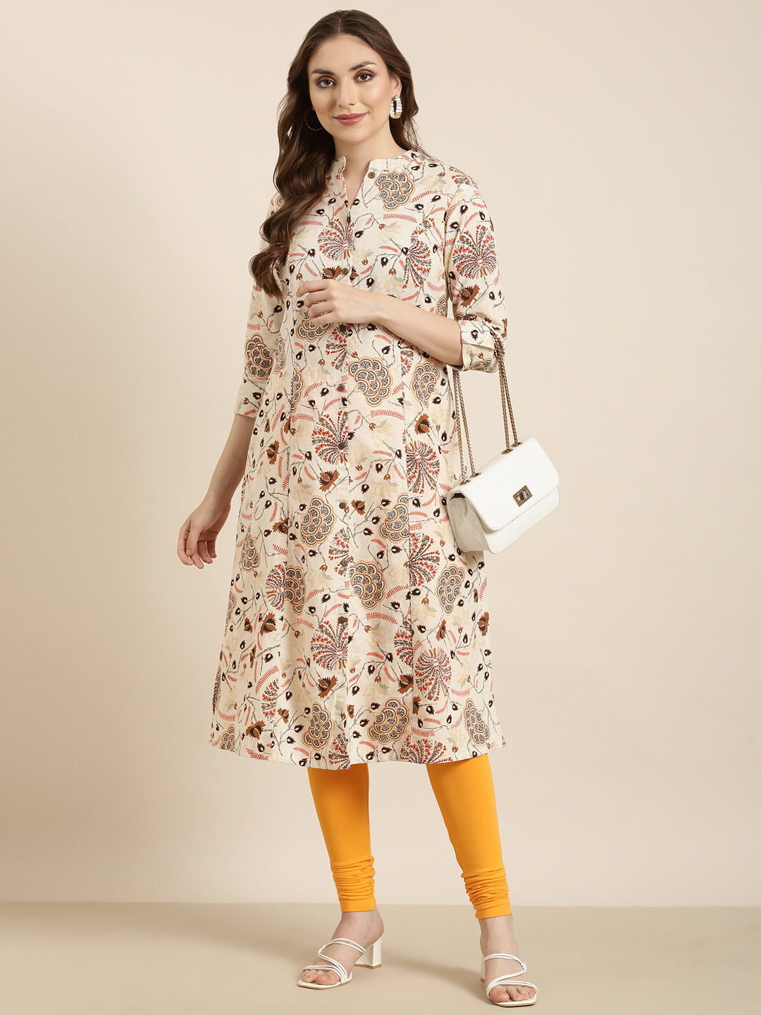 Women A-Line Cream Floral Kurta