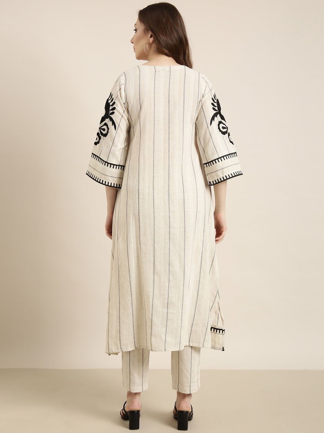 Women A-Line Cream Woven Design Kurta and Trousers Set