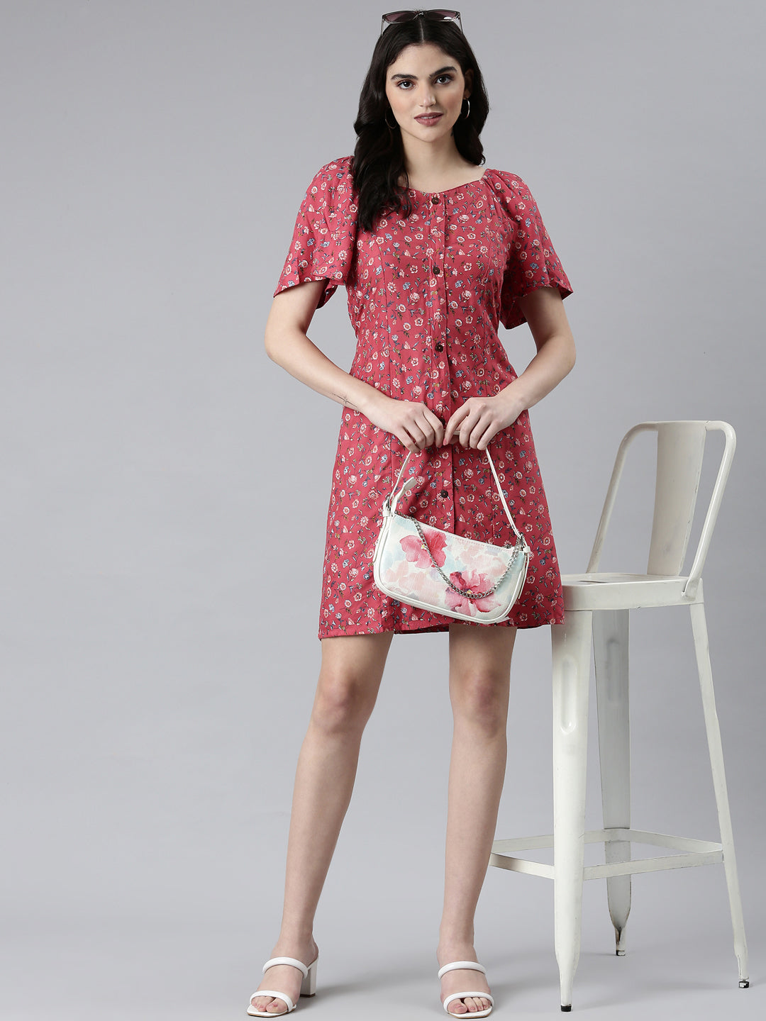 Women's Pink Floral Fit and Flare Dress