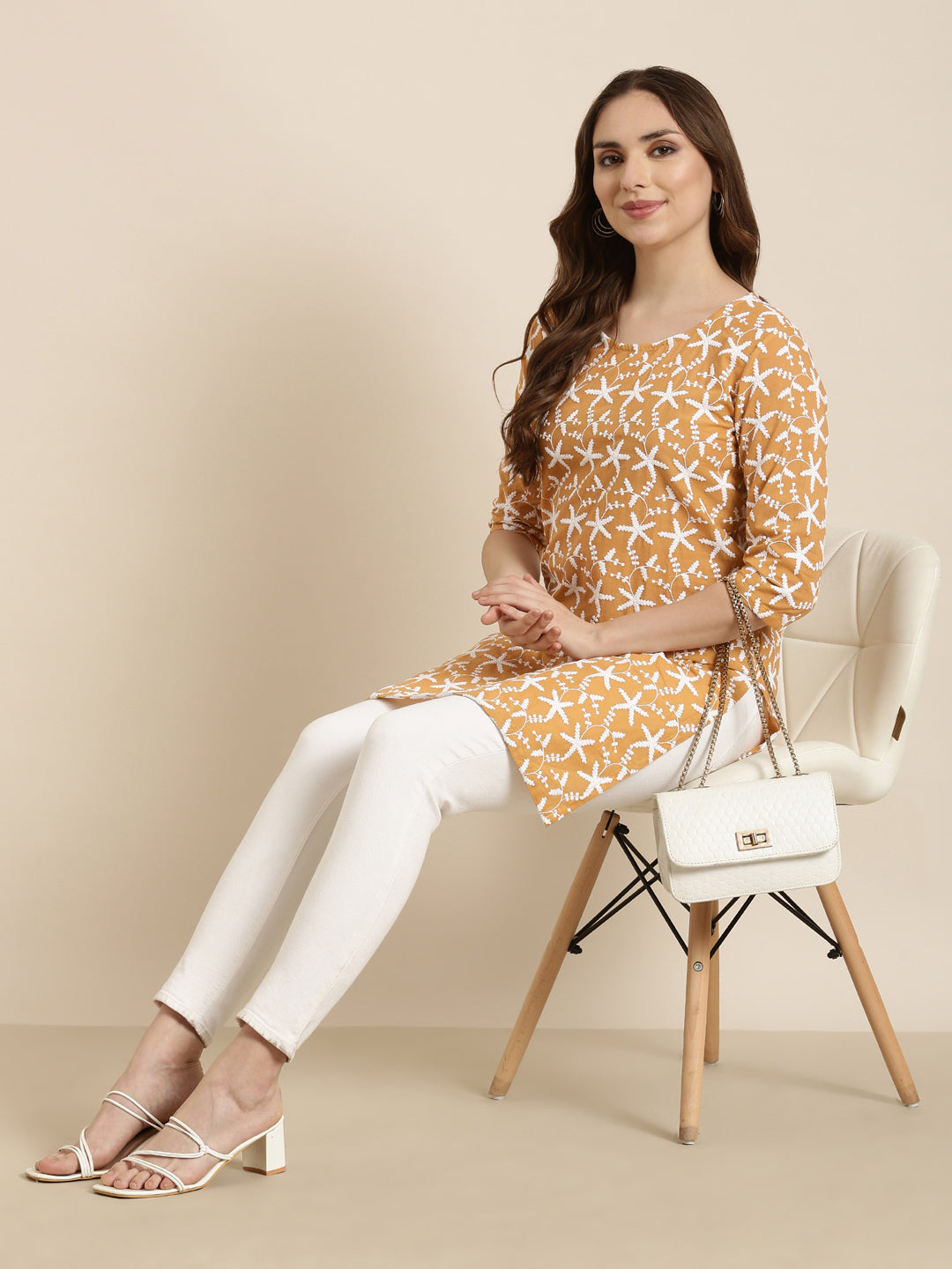 Women Floral Mustard Straight Kurti