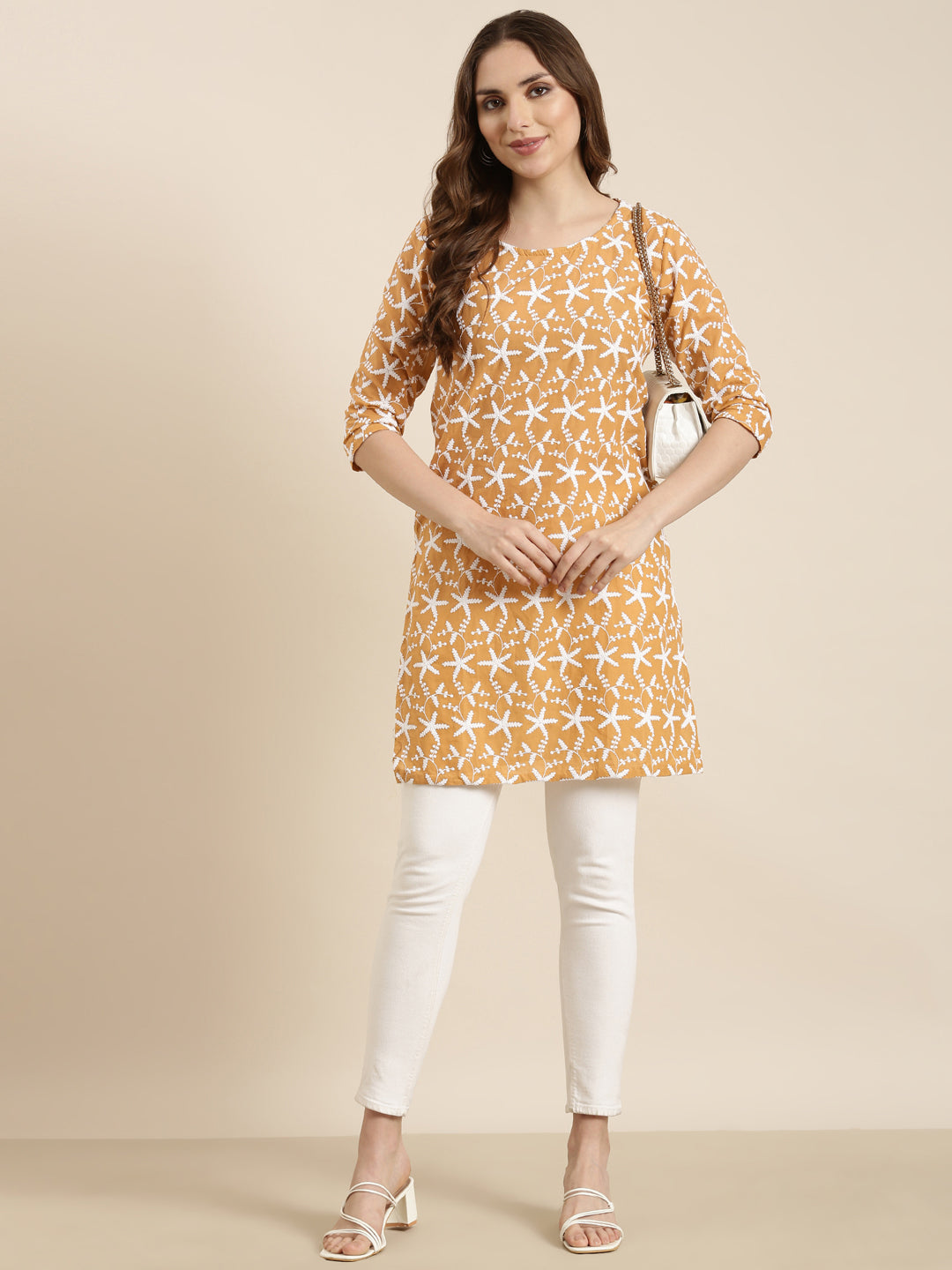 Women Floral Mustard Straight Kurti