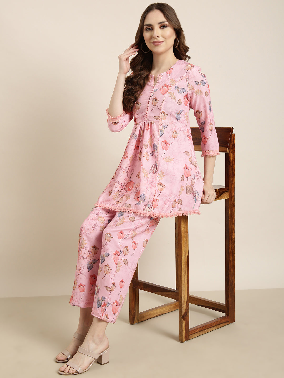 Women Pink Printed Tunic & Palazzos Set