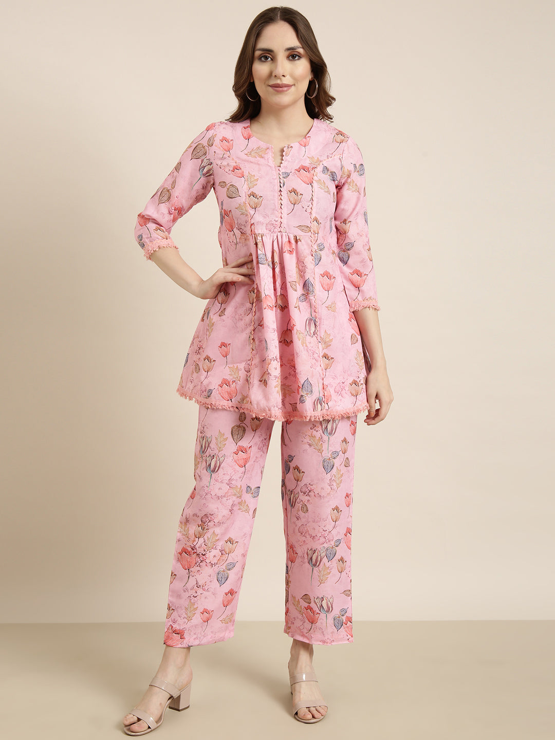 Women Pink Printed Tunic & Palazzos Set