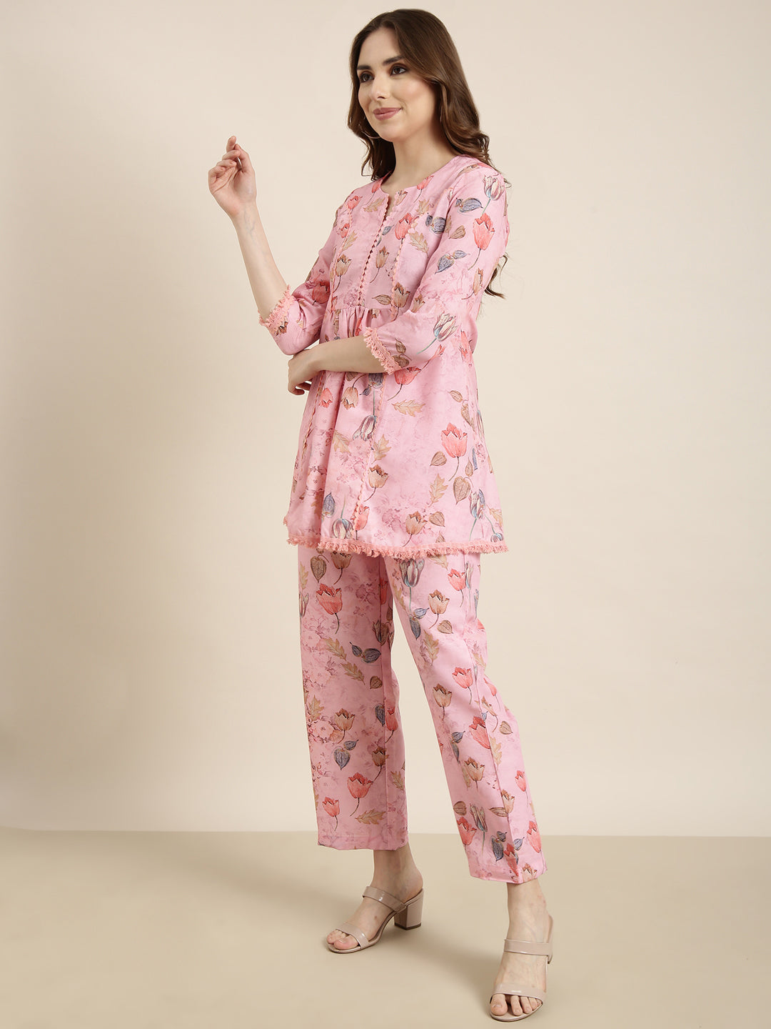 Women Pink Printed Tunic & Palazzos Set