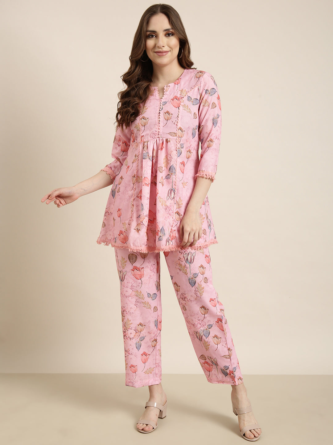 Women Pink Printed Tunic & Palazzos Set