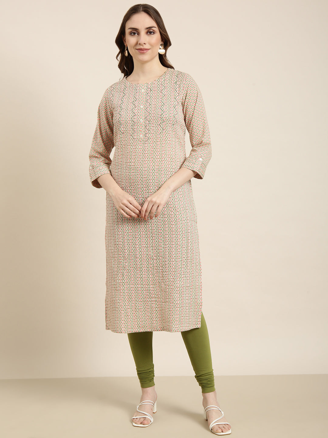 Women Straight Peach Geometric Kurta