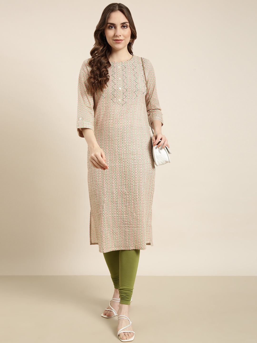 Women Straight Peach Geometric Kurta