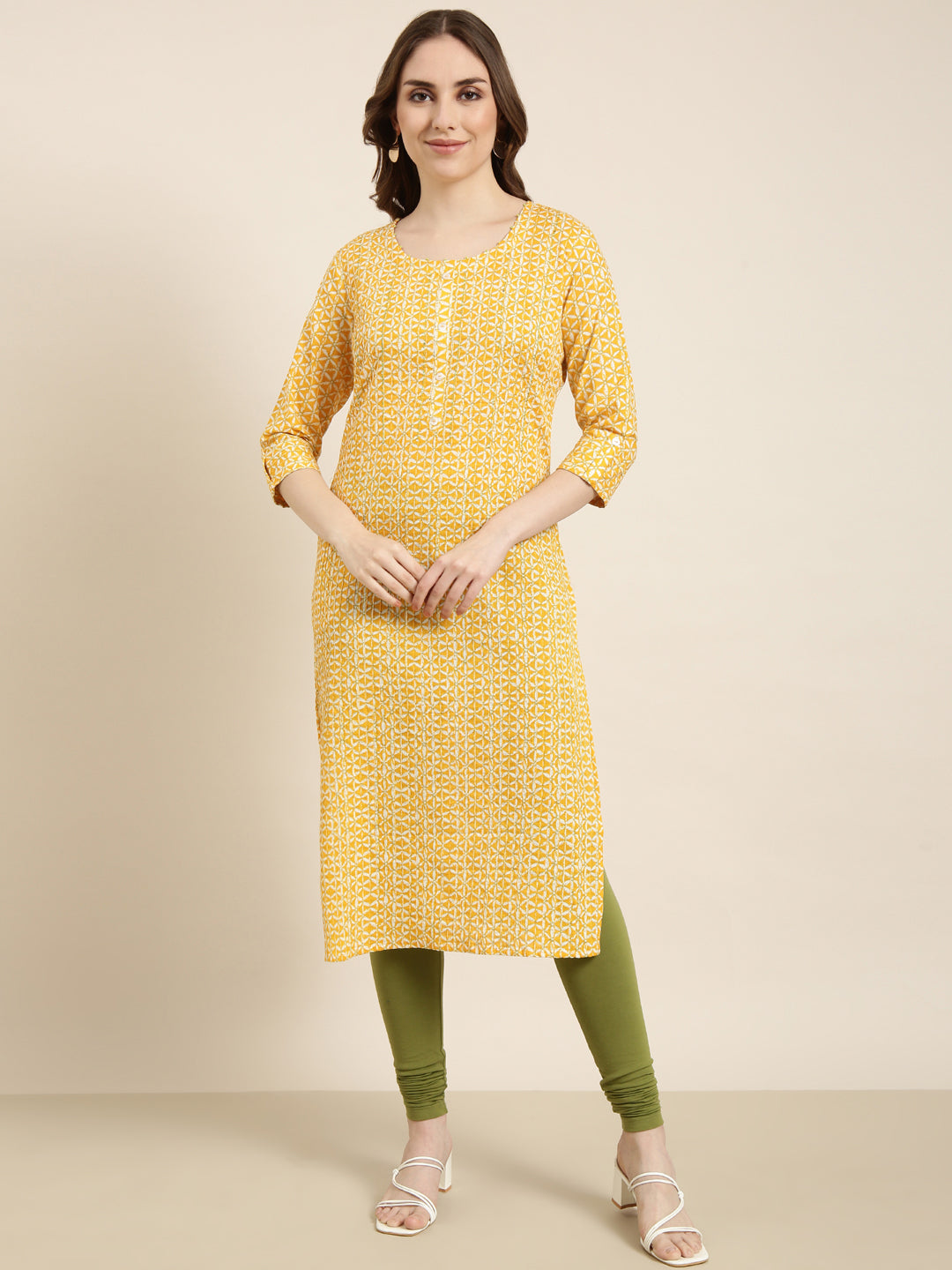 Women Straight Yellow Floral Kurta