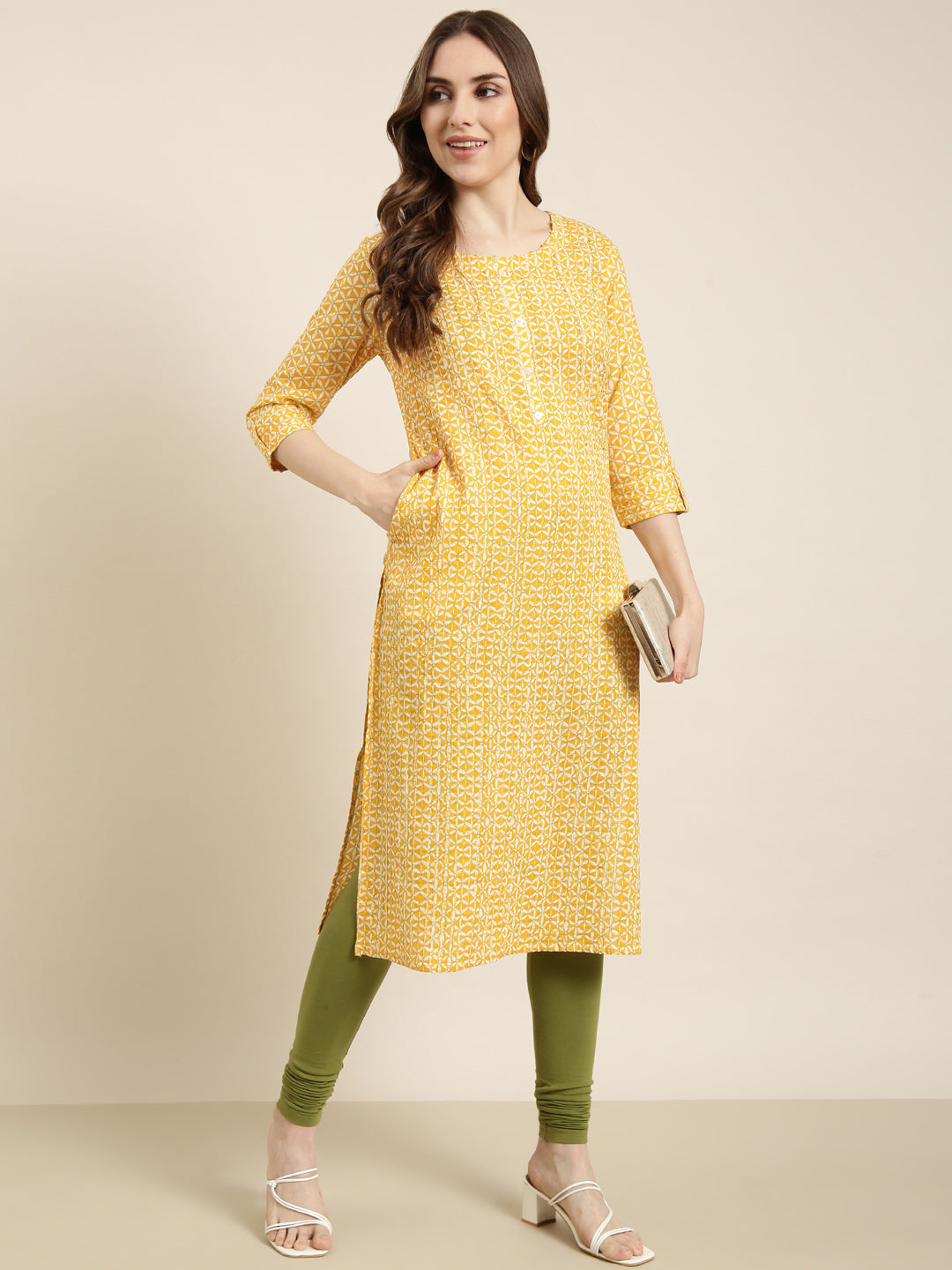 Women Straight Yellow Floral Kurta