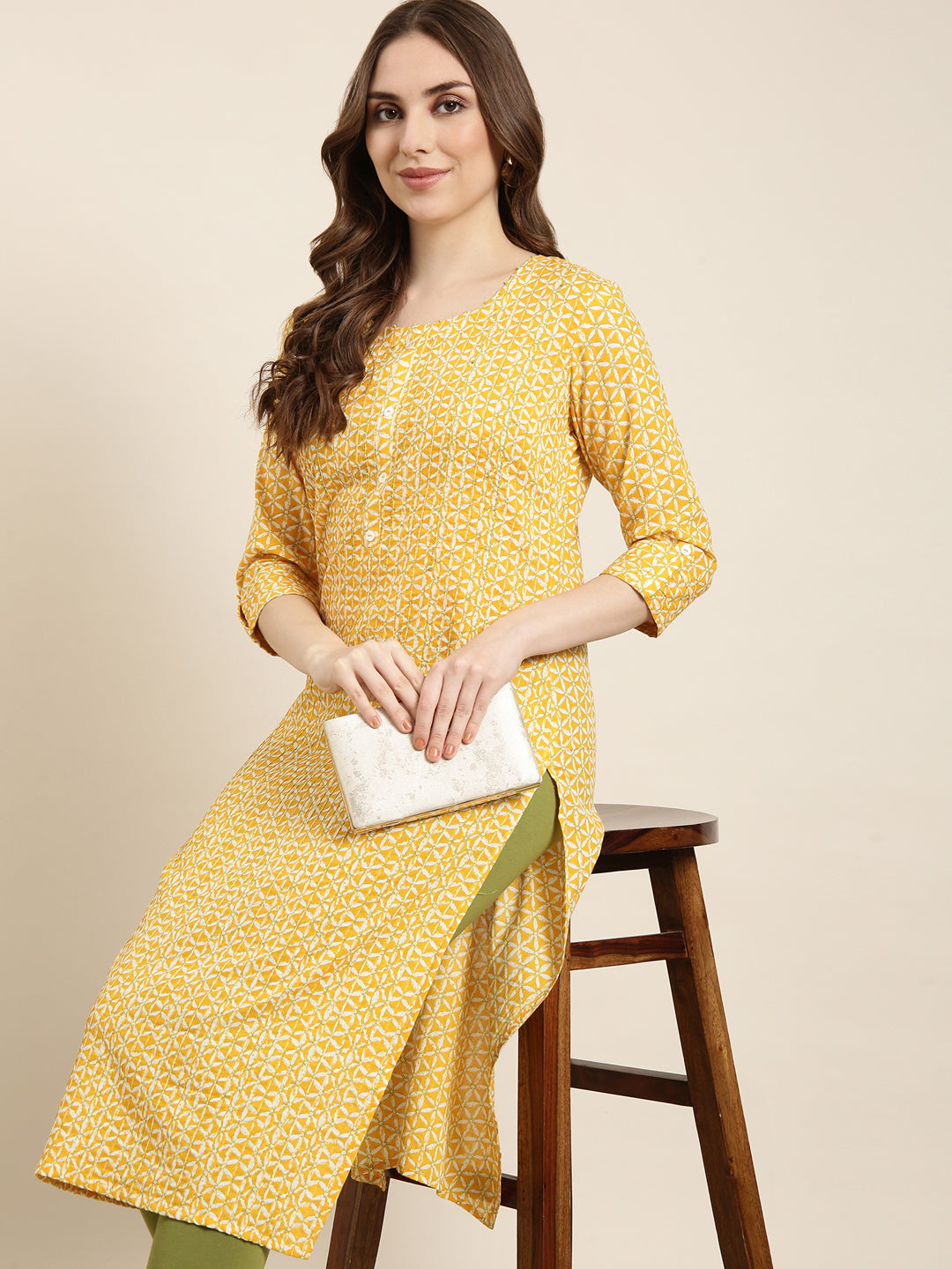 Women Straight Yellow Floral Kurta