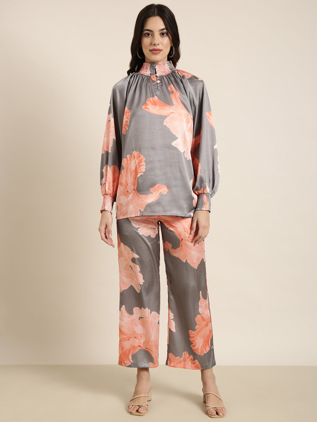 Women Oversized Grey Printed Top & Trousers Set