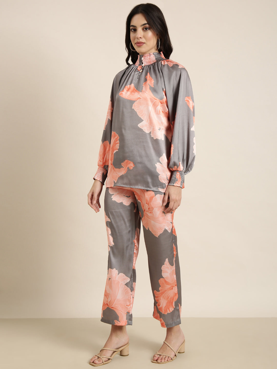 Women Oversized Grey Printed Top & Trousers Set