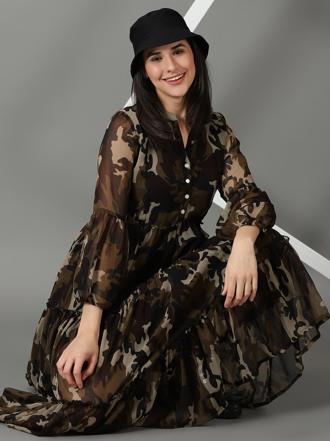 Women's Olive Printed Fit and Flare Dress