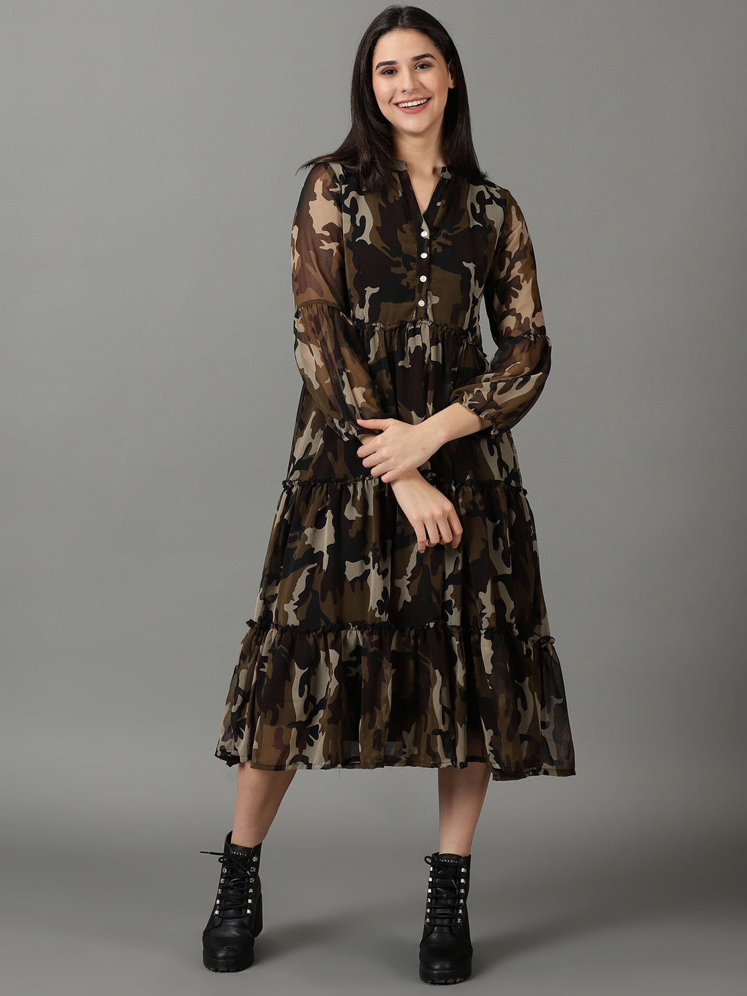 Women's Olive Printed Fit and Flare Dress