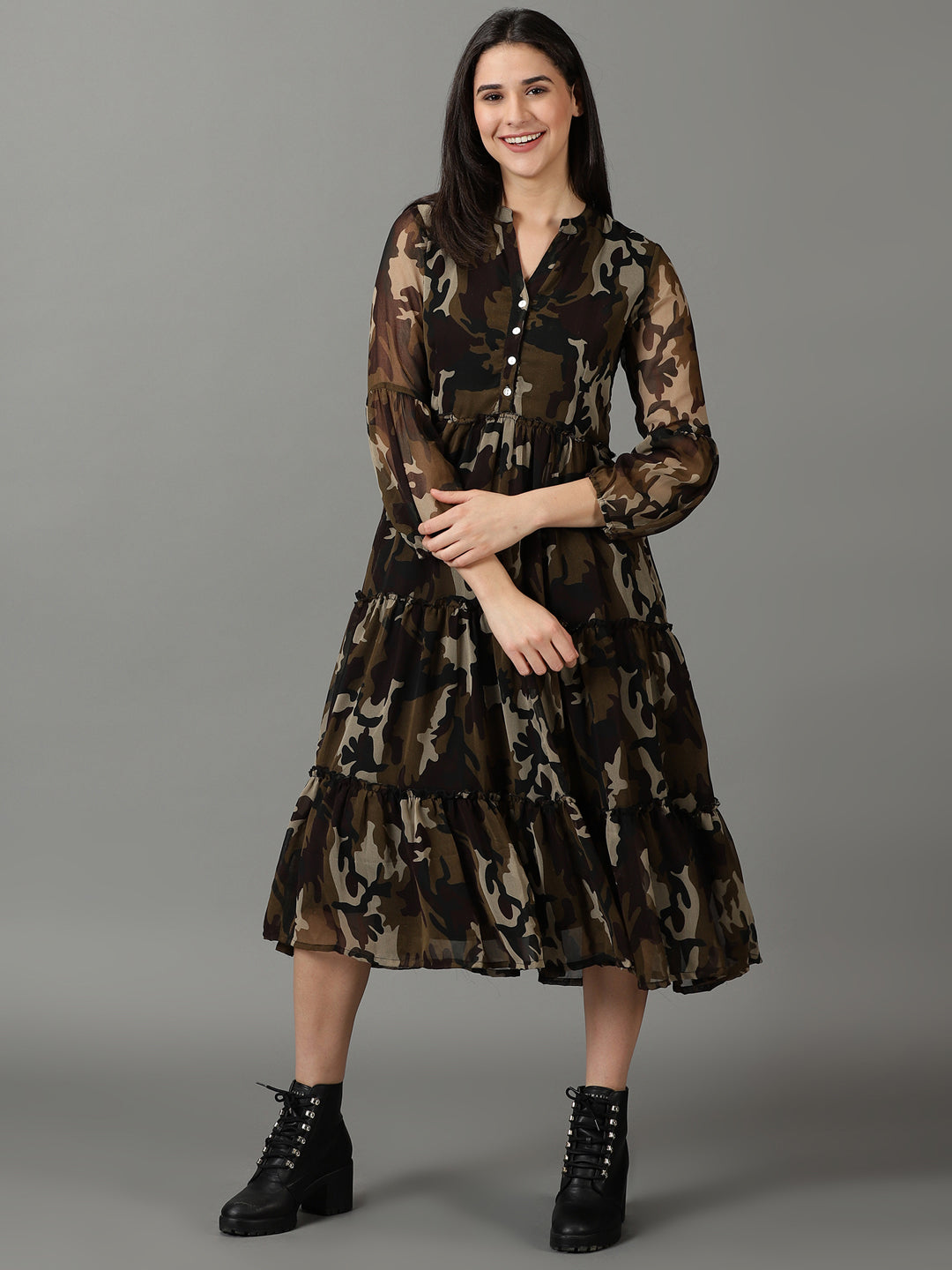 Women's Olive Printed Fit and Flare Dress