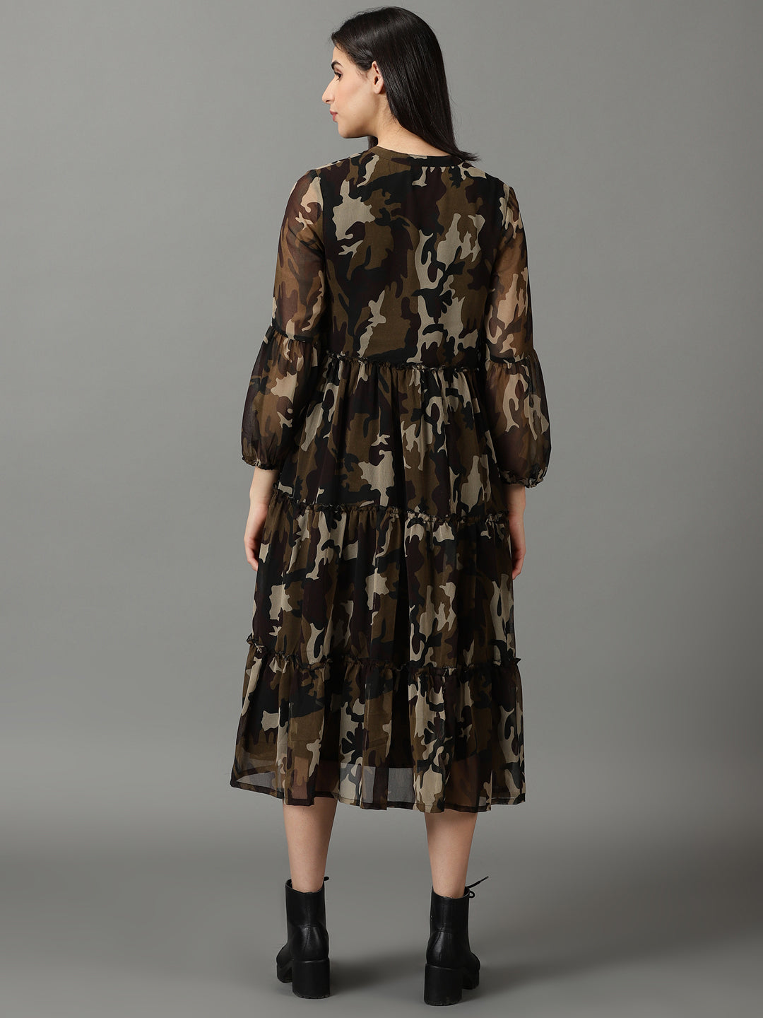 Women's Olive Printed Fit and Flare Dress