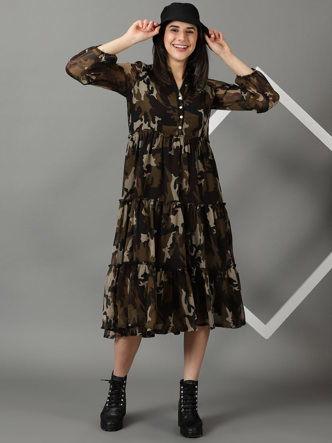 Women's Olive Printed Fit and Flare Dress