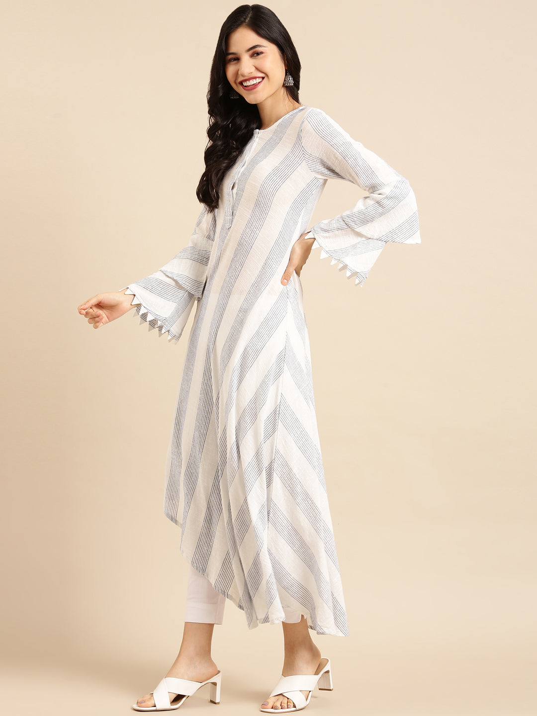Women's White Bell Sleeves Ankle A-Line Kurta