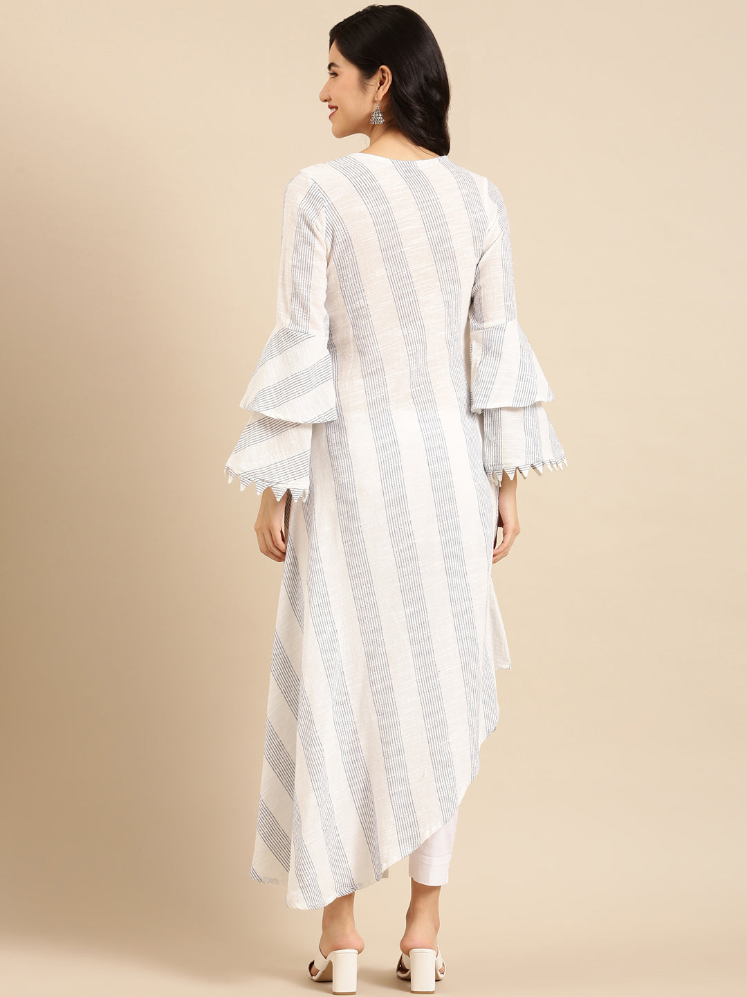 Women's White Bell Sleeves Ankle A-Line Kurta