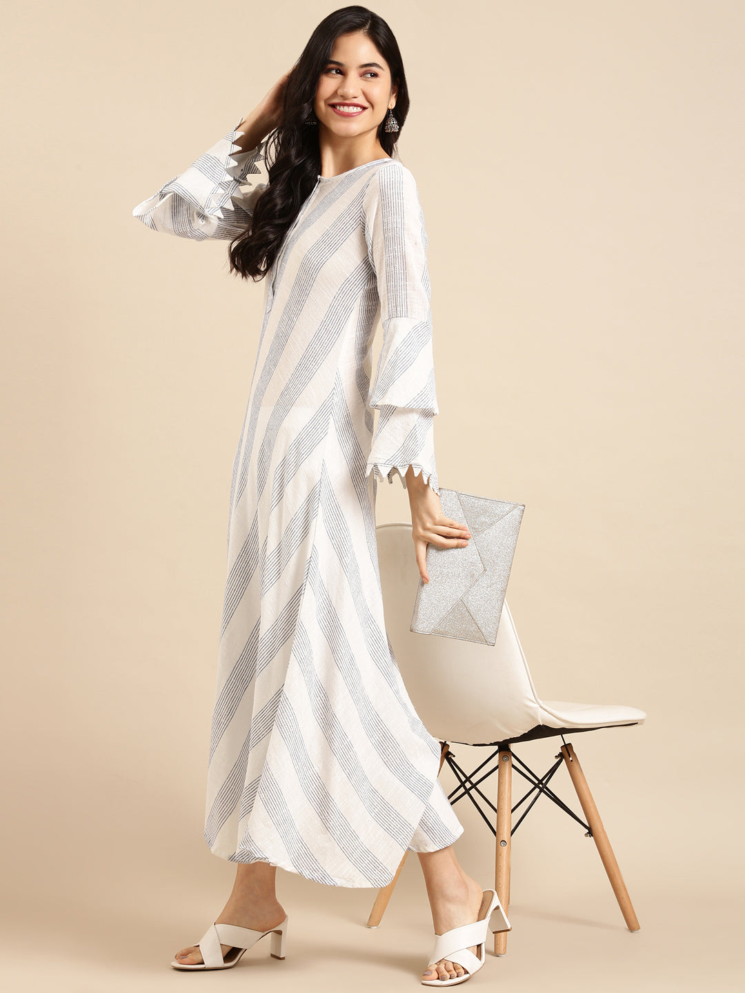 Women's White Bell Sleeves Ankle A-Line Kurta