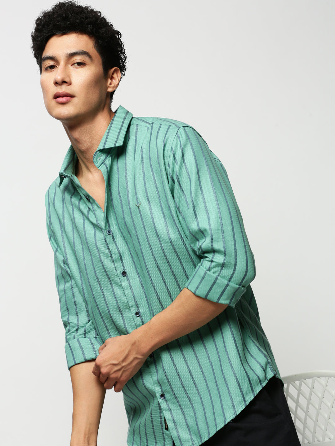 Men Green Striped Casual Casual Shirts