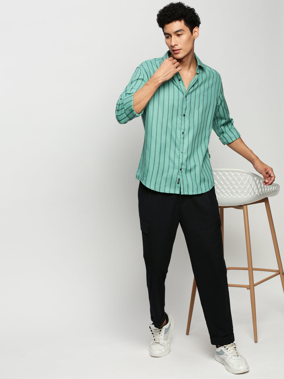 Men Green Striped Casual Casual Shirts