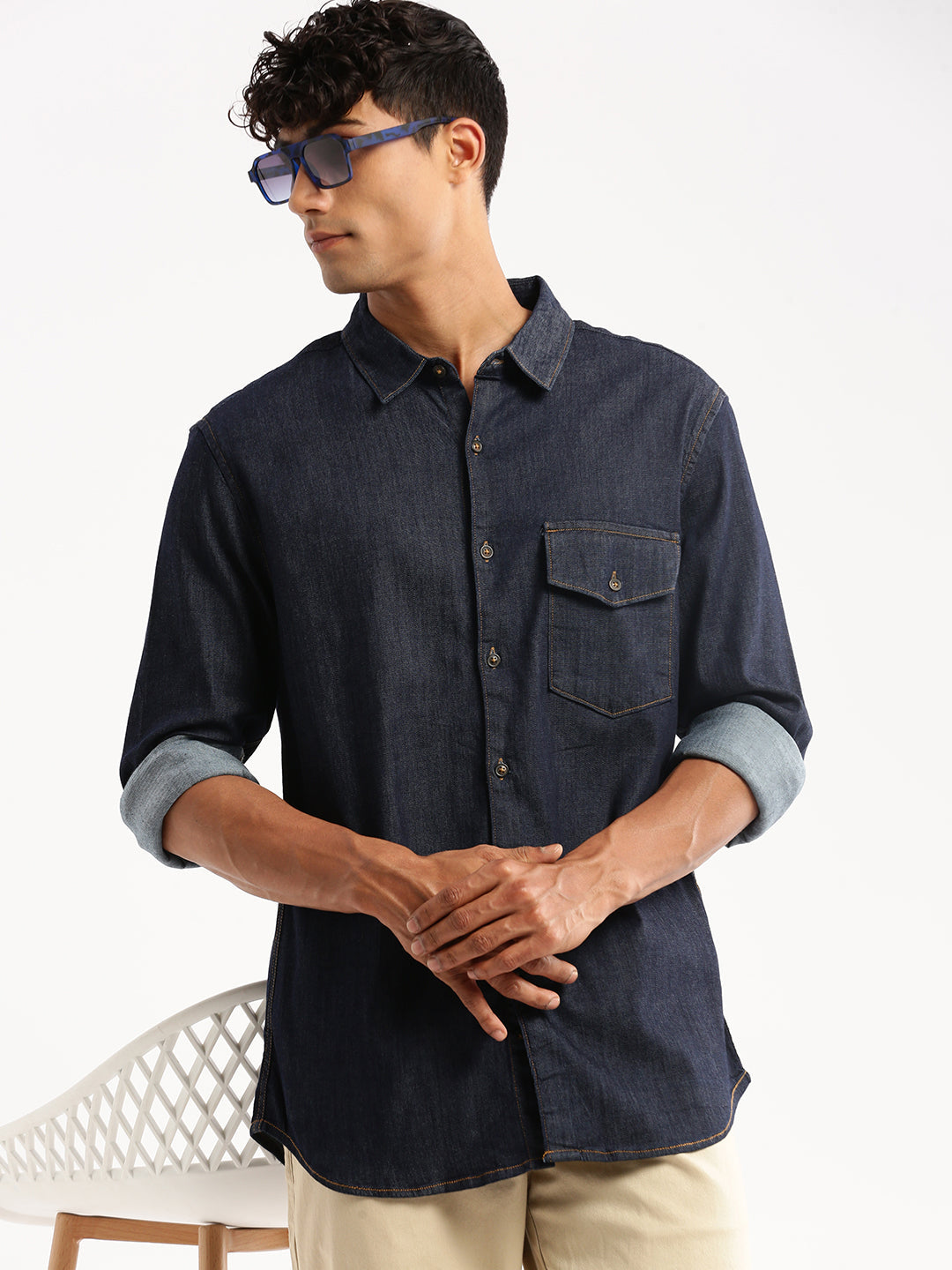 Men Navy Blue Spread Collar Solid Shirt