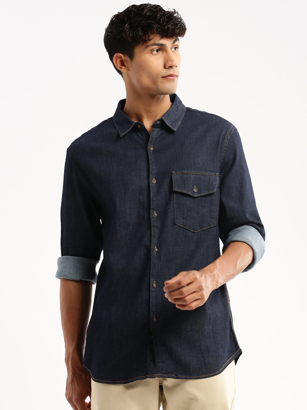 Men Navy Blue Spread Collar Solid Shirt