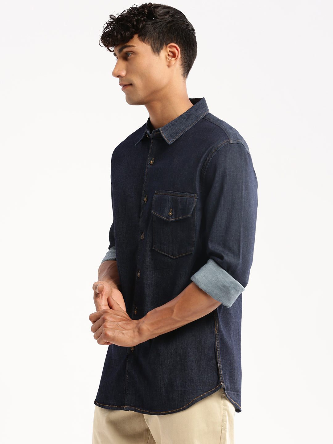 Men Navy Blue Spread Collar Solid Shirt