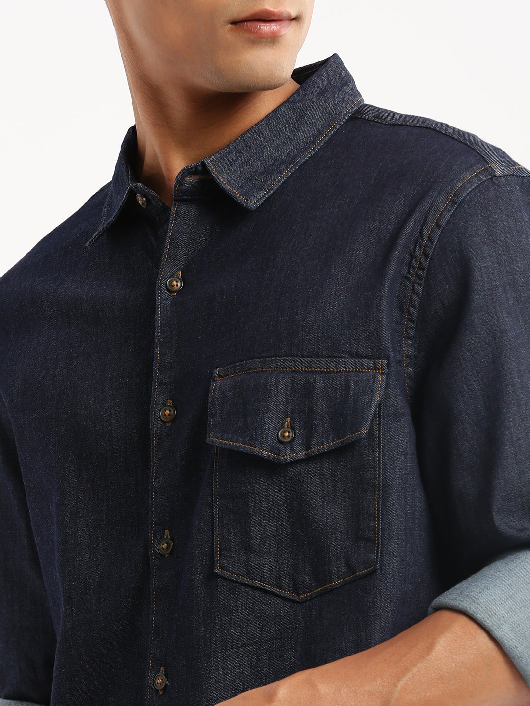 Men Navy Blue Spread Collar Solid Shirt