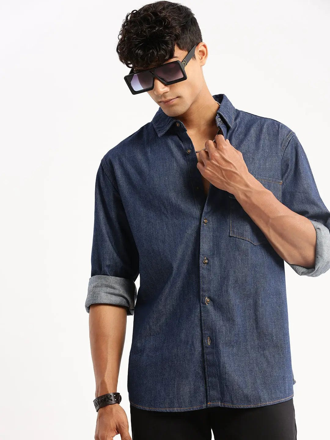 Men's Navy Blue Spread Collar Solid Shirt