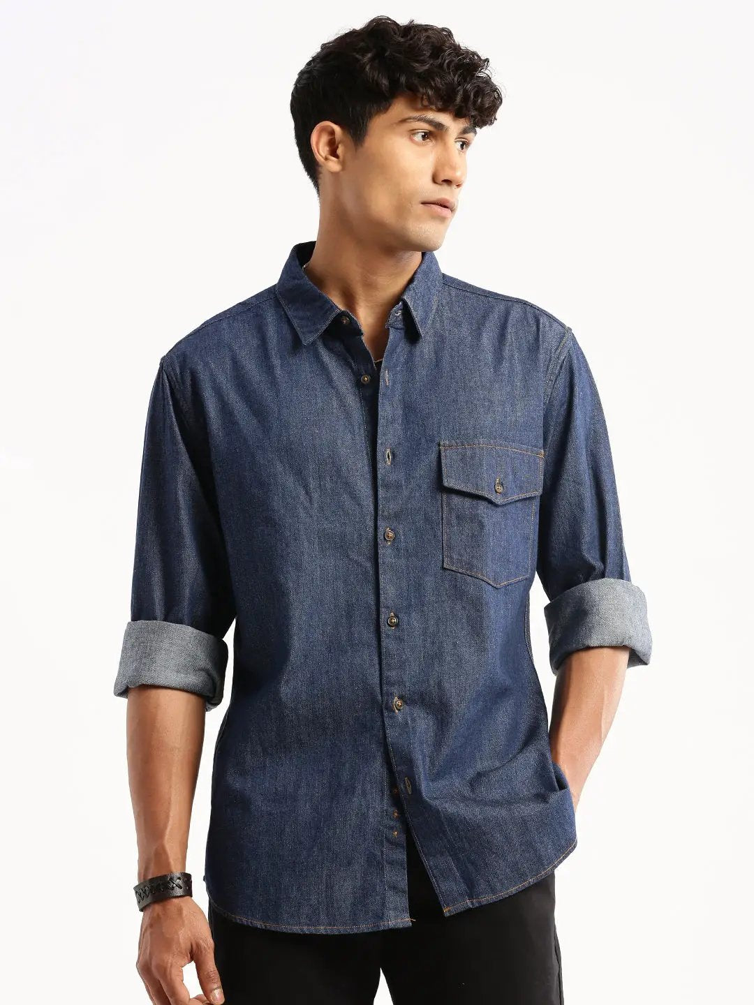 Men's Navy Blue Spread Collar Solid Shirt