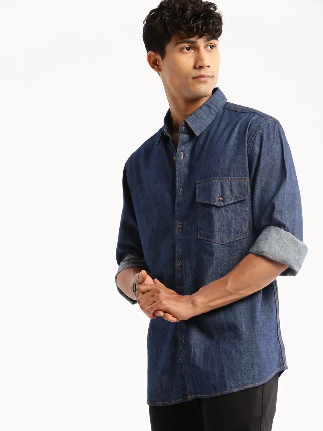 Men's Navy Blue Spread Collar Solid Shirt