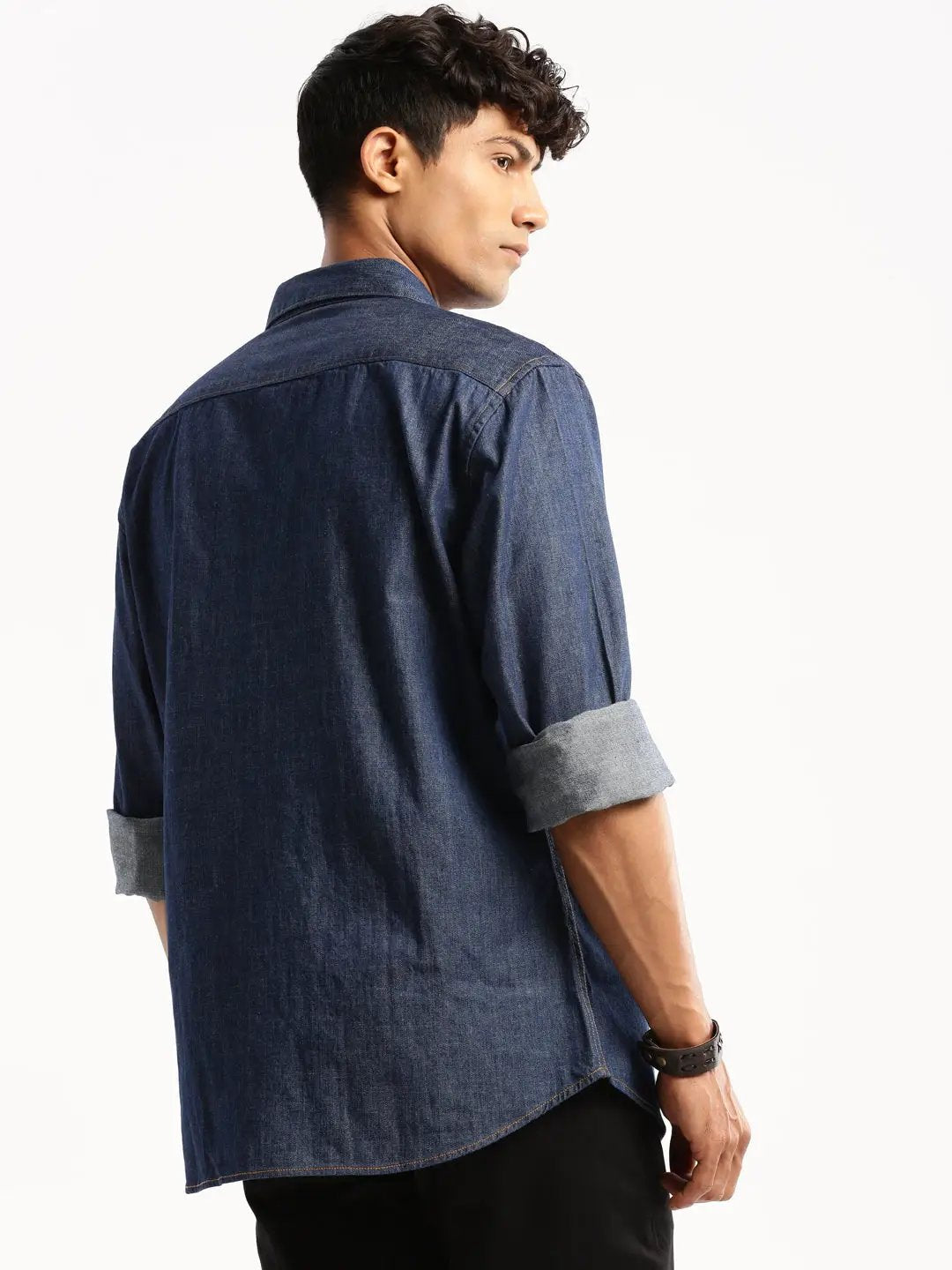 Men's Navy Blue Spread Collar Solid Shirt