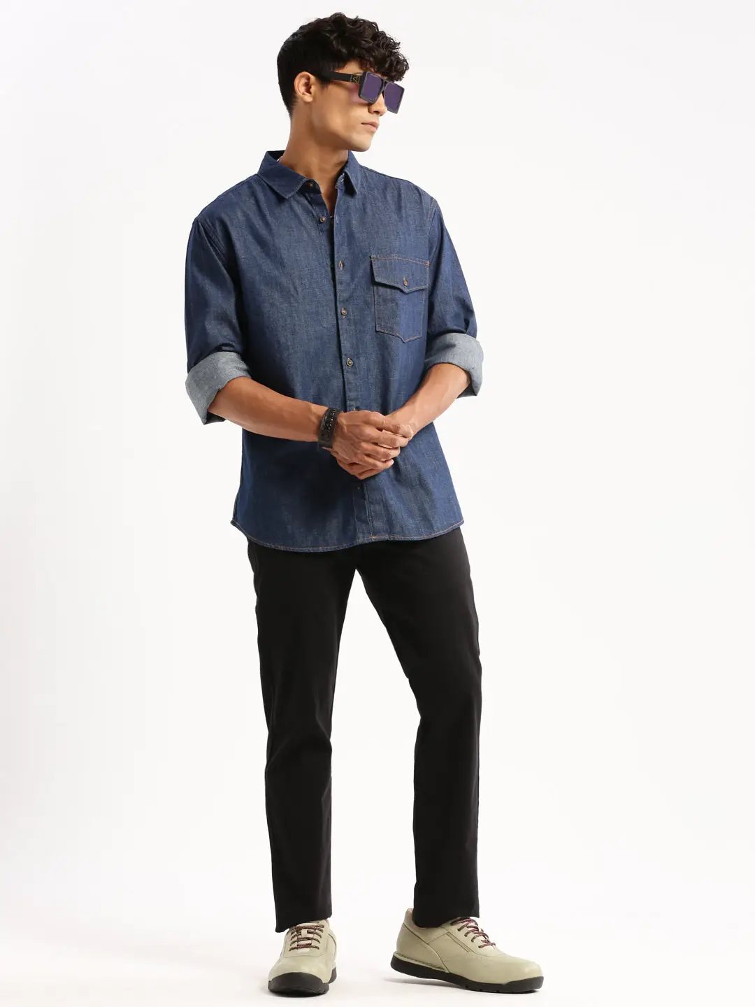 Men's Navy Blue Spread Collar Solid Shirt