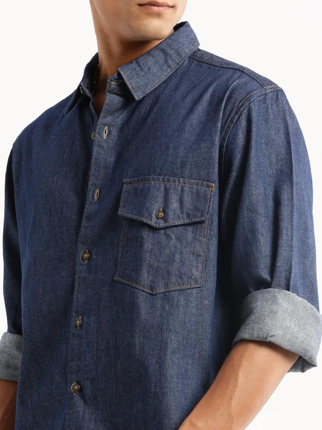 Men's Navy Blue Spread Collar Solid Shirt