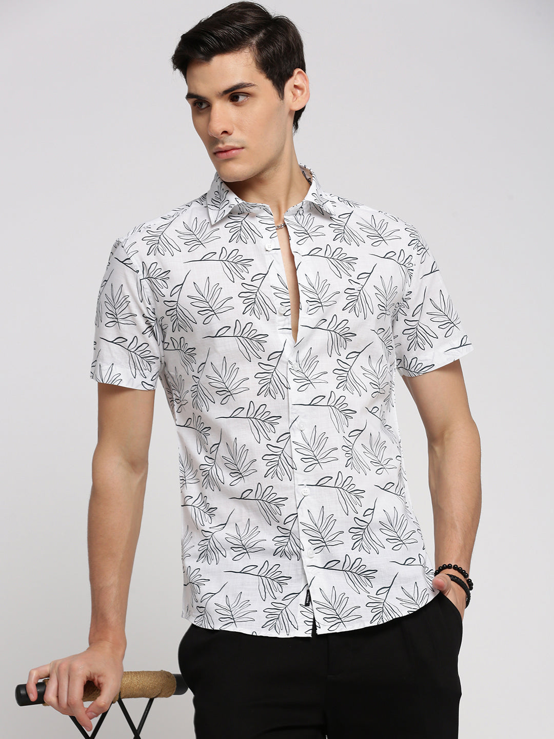 Men White Spread Collar Floral Shirt