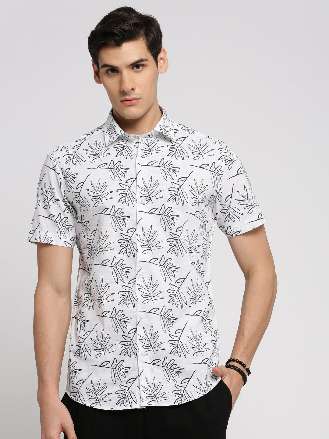 Men White Spread Collar Floral Shirt